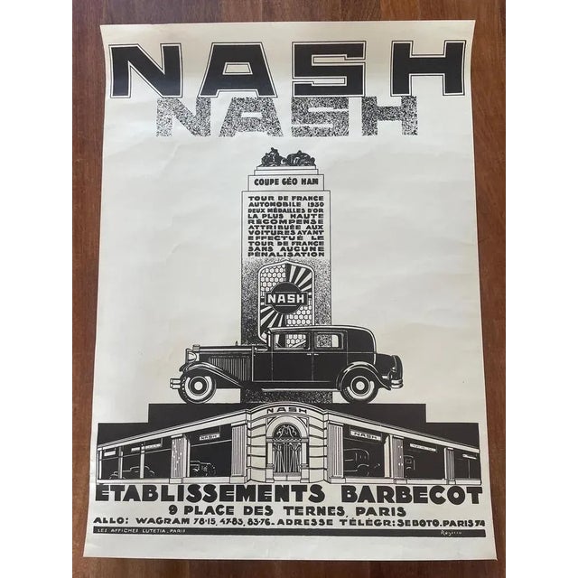 Paper Vintage Nash Car Poster by Rogério for Barbecot, Paris, 1930s For Sale - Image 7 of 10