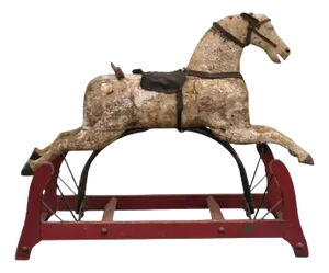 Antique Primitive Glider Rocking Hobby Horse, Rustic Carved Wood Cast Iron Red