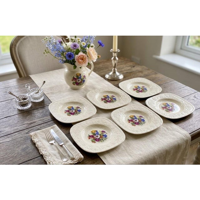 Ivory Vintage Crown Ducal "Florentine" Floral Square Plate Set - Set of 6 For Sale - Image 8 of 11