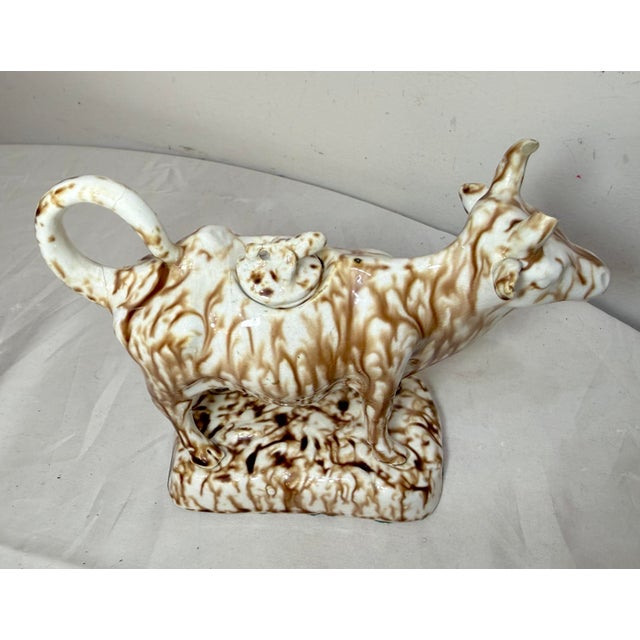 Antique Staffordshire Pottery Brown Drip Glaze Figural Cow Creamer For Sale In New York - Image 6 of 15