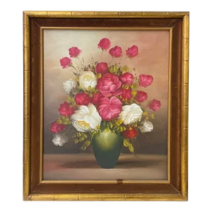 Oil Paint Canvas Art Pink White Blossom Roses Gold Color Frame Painting