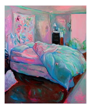 Resting Place, Large Textured Oil Painting, Pastel Palette of Bedroom Interior, 2019