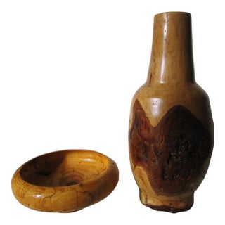 Artisan Mid Century Burlwood Vase and Bowl, Signed For Sale