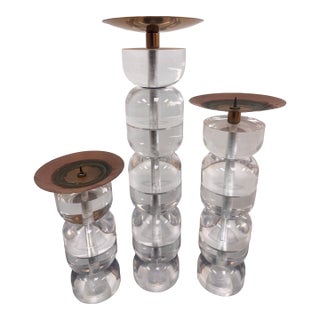 Vintage Lucite and Brass Candlestick Holders, Set of 3 Graduating Sizes For Sale