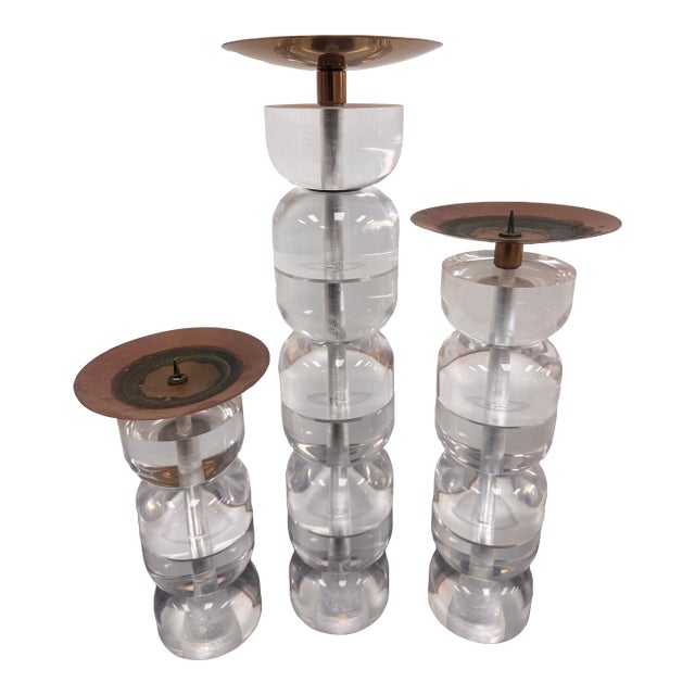 Vintage Lucite and Brass Candlestick Holders, Set of 3 Graduating Sizes For Sale