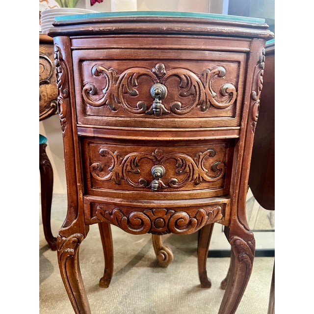 Vintage 1920s French-Style End Tables With 3-Drawers, Ornate Carvings and Glass Tops For Sale - Image 4 of 10