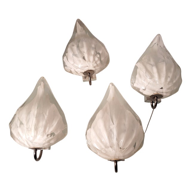 Leaf Wall Lamps in Transparent and White Murano Glass from La Murrina, 1980s, Set of 2 For Sale