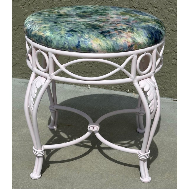 Vintage 20th Century French Monet Style Pink Cushioned Wrought Iron Vanity/Dressing Area Stool For Sale - Image 10 of 11