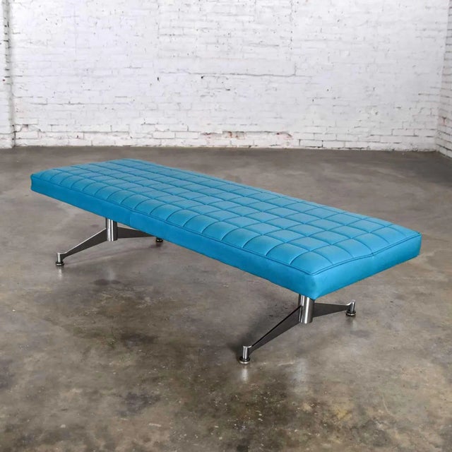 Mid 20th Century Bench Daybed Turquoise Vinyl Faux Leather & Chrome After Arthur Umanoff for Madison Furniture Co For Sale - Image 13 of 13