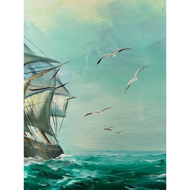Mid 20th Century Original Oil Painting of Clipper Ship at Sea in Carved Gilt Frame, Signed Bransom For Sale In Los Angeles - Image 6 of 16