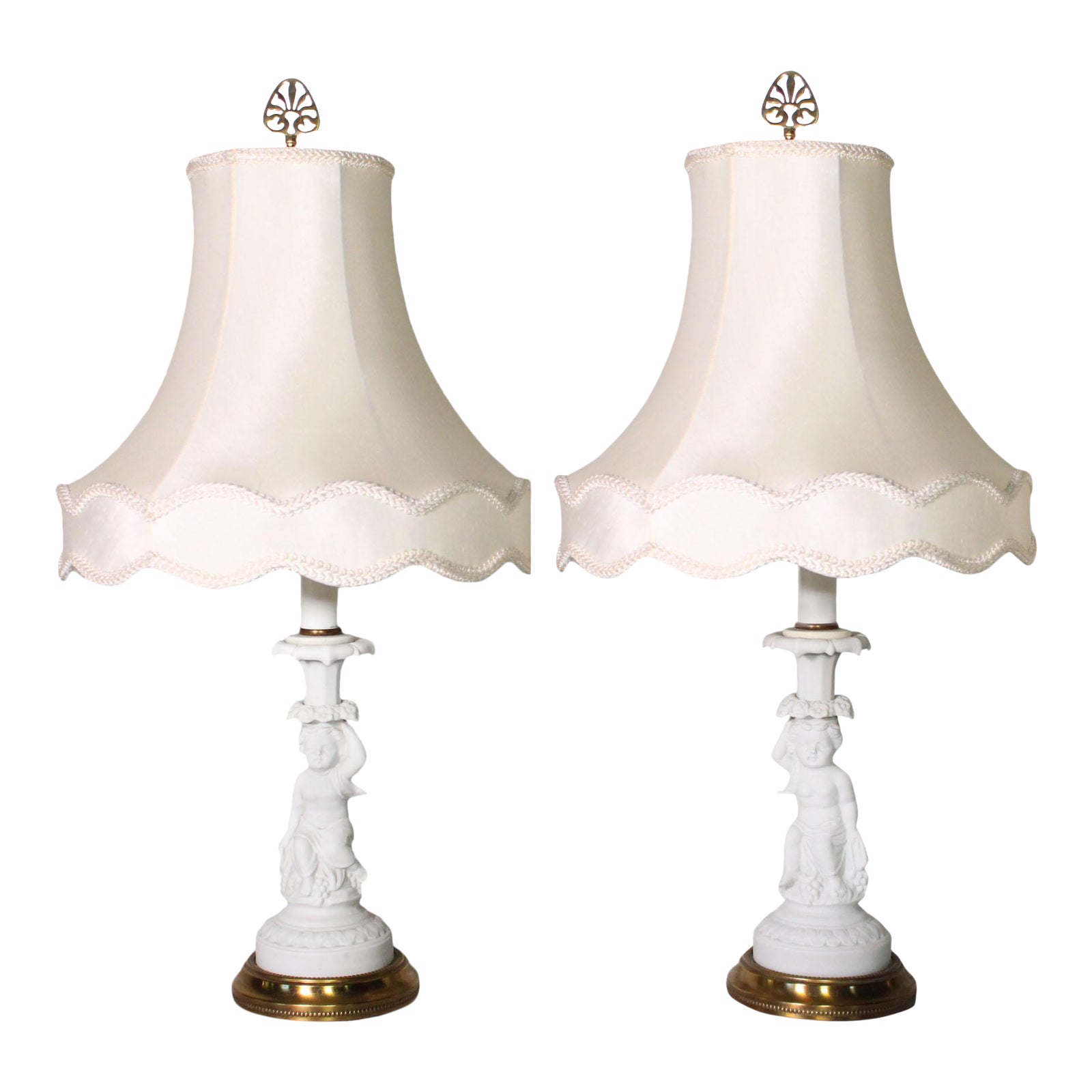 1940's Neoclassical Italian White Bisque Porcelain Cherub Lamps With