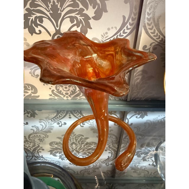 Vintage Orange, White & Clear Art Glass Tulip Trumpet Vase Swirl Coiled Base. Hand blown, two-toned with delicate swirl...