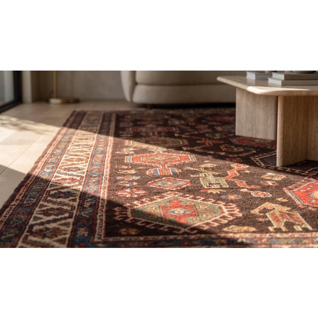 1880s Brown Geometric Antique Persian Tribal Kurdish Rug 4'6" X 8'4" Knotted Wool Carpet For Sale - Image 12 of 12