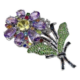Bochic "Orient" VIntage Sapphire, Amethyst & Tsavorite Brooch - 18K Gold & Silver For Sale
