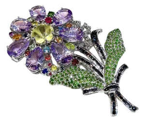 Bochic "Orient" VIntage Sapphire, Amethyst & Tsavorite Brooch - 18K Gold & Silver