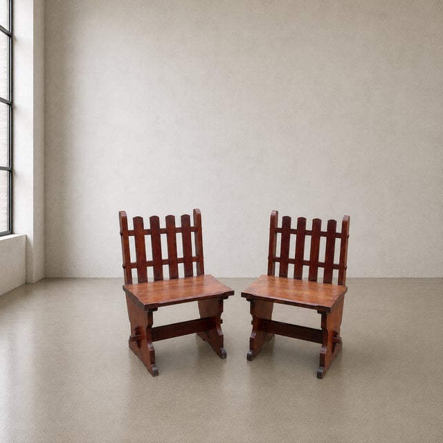 Brown Arts & Crafts Brutalist Handcrafted Mahogany Chairs, 1970s, Set of 2 For Sale - Image 8 of 12