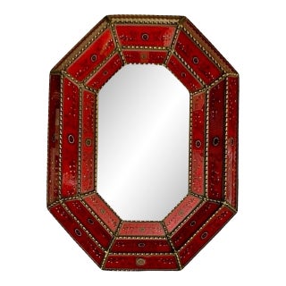 Late 20th Century Folk Art Octagon Wall Mirror, Hand-Painted Reverse Acrylic Floral, 42"h For Sale