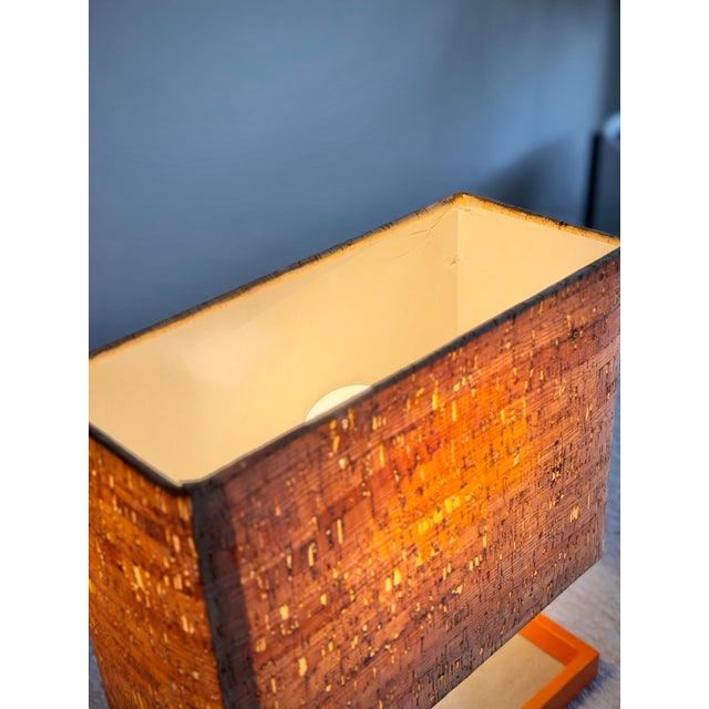 Orange Vintage Italian Postmodern Style Orange Table Lamb With Rectangular Cork Lamp Shade in Style of Memphis Milano Modernist Design For Sale - Image 8 of 12