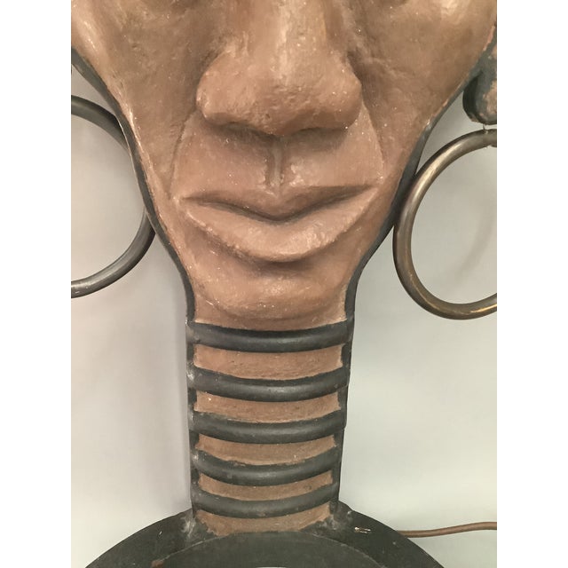 1950s Vintage 1955 Goodwin Artist Signed Handcrafted African Face Iron and Clay Lamp For Sale - Image 5 of 12