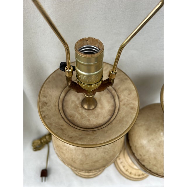 Late 20th Century Vintage Italian Painted Tole Metal Urn Shaped Neoclassic Lute Horn Grape Leaves Table Lamps - a Pair For Sale - Image 5 of 10