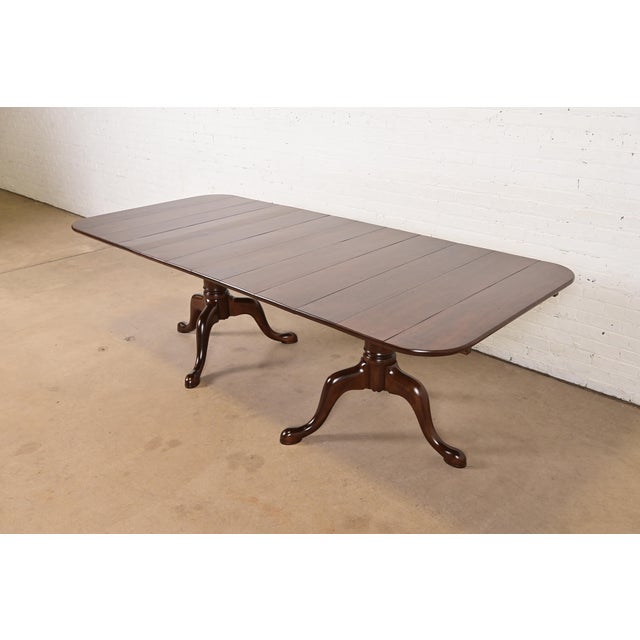 Brown Baker Furniture Style Georgian Monumental Solid Cherry Wood Double Pedestal Extension Dining Table, Newly Refinished For Sale - Image 8 of 14