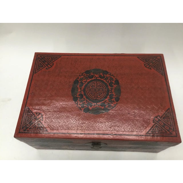 Chinese 1900s Chinese Hand Tooled Leather Covered Trunk For Sale - Image 3 of 13