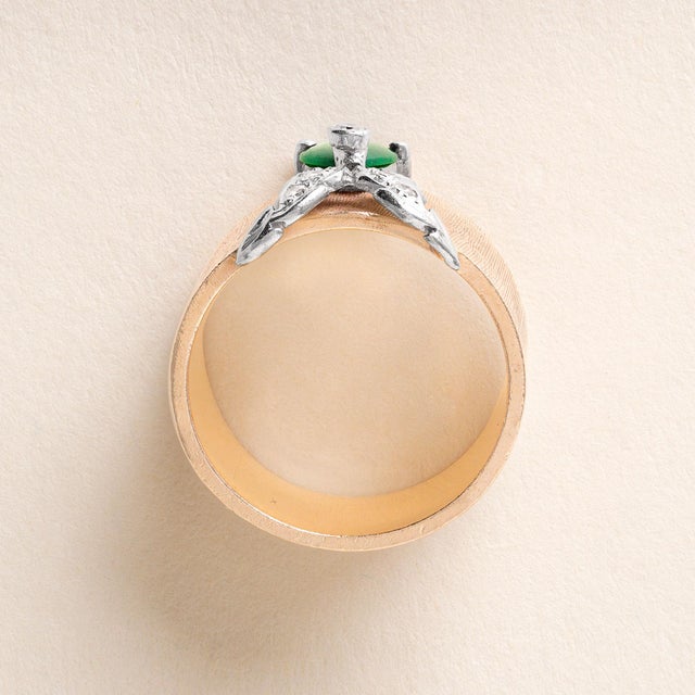 Vintage Midcentury Jade and Diamond Butterfly Wide Band Ring 14k Gold, Size 6.25 For Sale In Los Angeles - Image 6 of 7