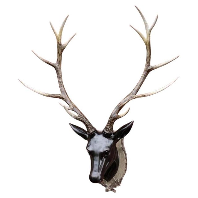 Plastic Large Wall-Mounted Stag Head Sculpture with Antler's in Bronze For Sale - Image 7 of 7