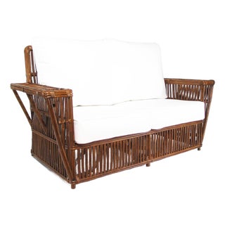 1990s Art Deco Presidents Nantucket Stick Walnut Finished Reed Rattan Settee Sofa For Sale