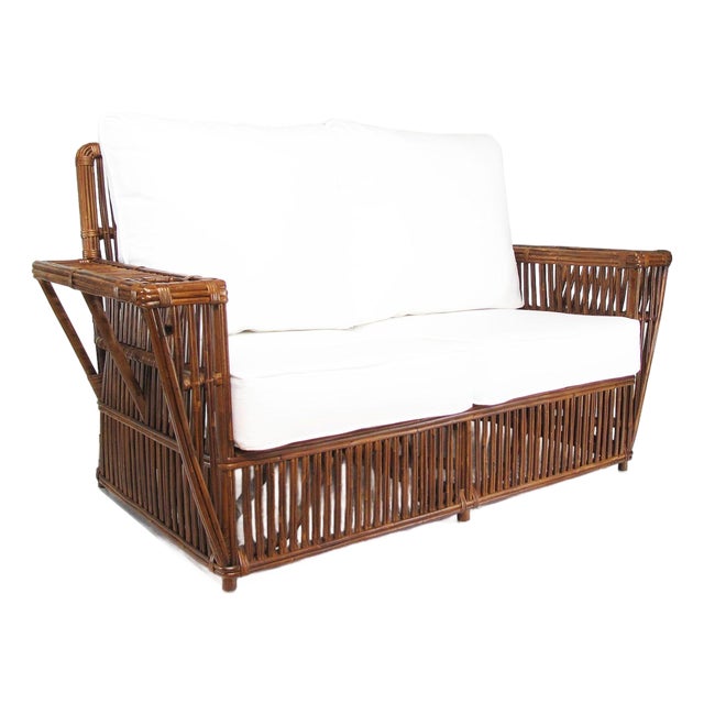 1990s Art Deco Presidents Nantucket Stick Walnut Finished Reed Rattan Settee Sofa For Sale