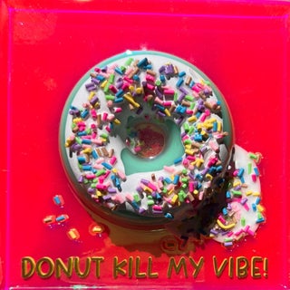 S Donut Kill My Vibe #7 by Ana Hefco | Mixed Media on Wood Donut with colorful sprinkles For Sale