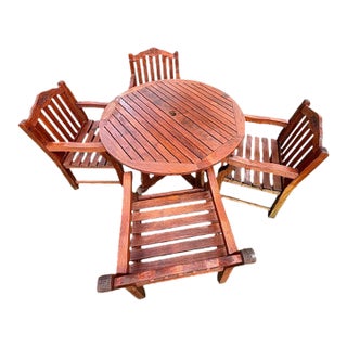 1990s Exceptional Vintage Hand-Carved Estate-Quality 5-Piece Solid Teak Patio Dining Set For Sale