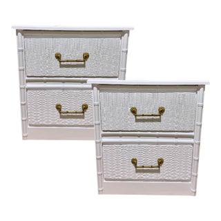 Mid 20th Century Pair of Palm Beach Faux Bamboo White Nightstands With Woven Drawer Fronts & Brass Hardware For Sale