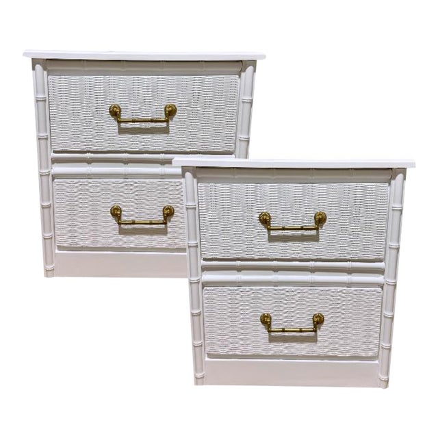 Mid 20th Century Pair of Palm Beach Faux Bamboo White Nightstands With Woven Drawer Fronts & Brass Hardware For Sale