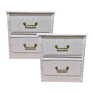Mid 20th Century Pair of Palm Beach Faux Bamboo White Nightstands With Woven Drawer Fronts & Brass Hardware