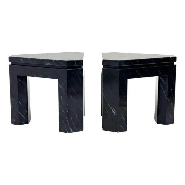 Pair of Black Faux Marble Geometric Side Tables For Sale