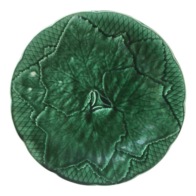 Green Majolica Leaves Plate Gien, Circa 1940 For Sale