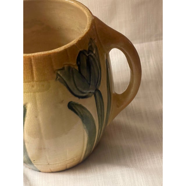 Arts & Crafts Antique 1910s Attributed to Roseville Early Ware Art Pottery Ceramic Pitcher W/ Blue Tulips For Sale - Image 3 of 11
