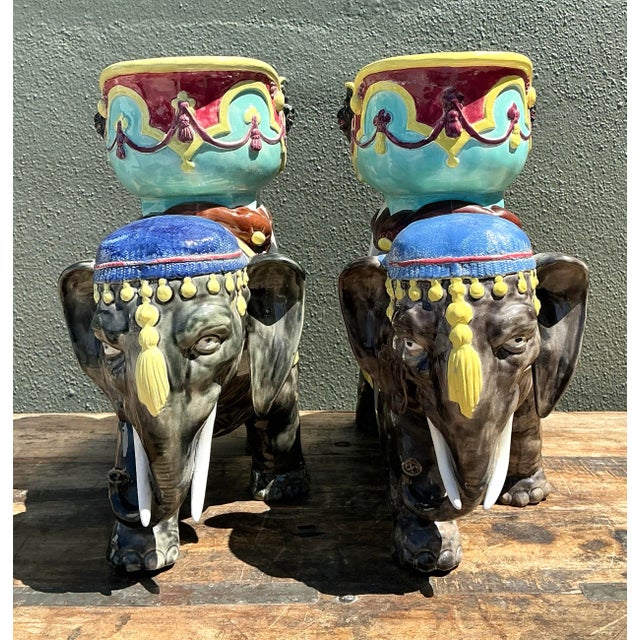 Late 20th Century Vintage Glazed Ceramic Polychromed Elephants - A Pair For Sale - Image 5 of 12