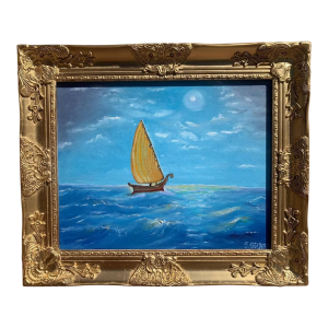 Original Oil Painting "Loneliness" by Serg Graff – Sailboat at Sea in Moonlight