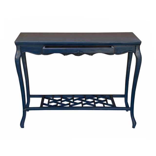 Chinese Distressed Blue Lacquer Apron Curve Legs Console Side Altar Table For Sale - Image 4 of 9