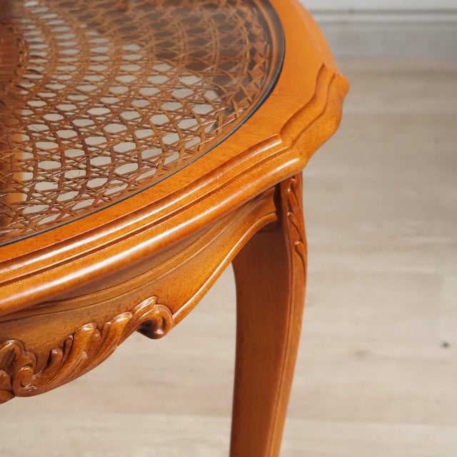 Brown Louis Philippe Round Coffee Table with Wickerwork and Glass Top For Sale - Image 8 of 10