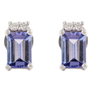 Vintage Emerald Cut Tanzanite & Diamond Stud Earrings in Sterling Silver- A Pair For Sale