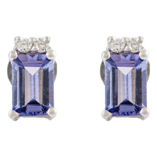 Vintage Emerald Cut Tanzanite & Diamond Stud Earrings in Sterling Silver- A Pair For Sale