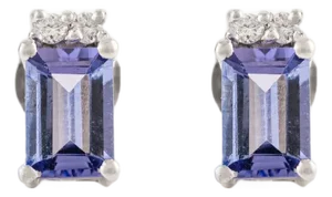 Vintage Emerald Cut Tanzanite & Diamond Stud Earrings in Sterling Silver- A Pair