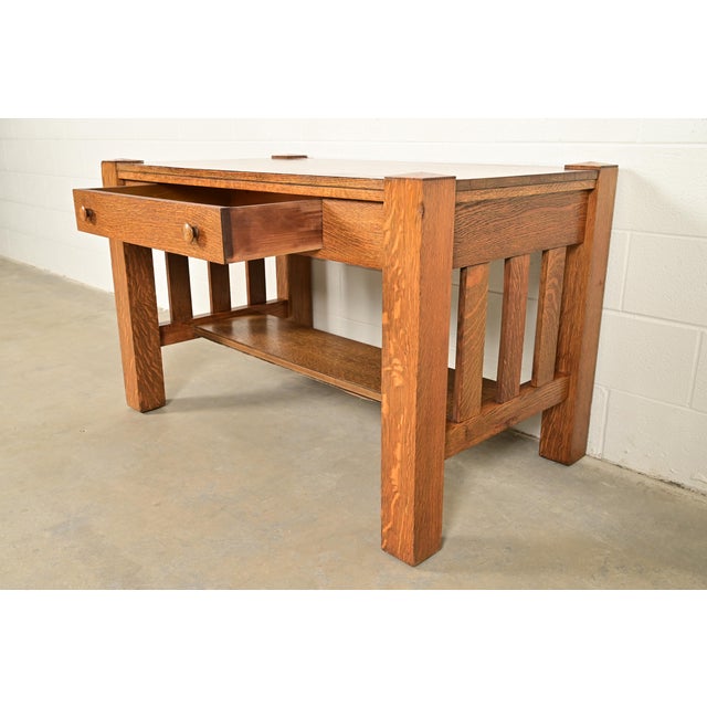 Early 20th Century Stickley Brothers Style Antique Mission Oak Arts & Crafts Writing Desk or Library Table, Circa 1900 For Sale - Image 5 of 12