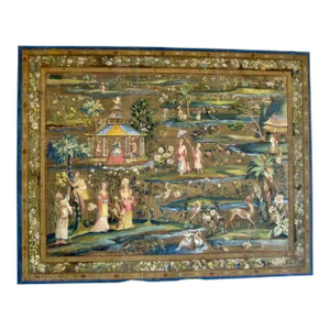 French Aubusson Chinoiserie Tapestry Gouache Carton Painting 19 Century