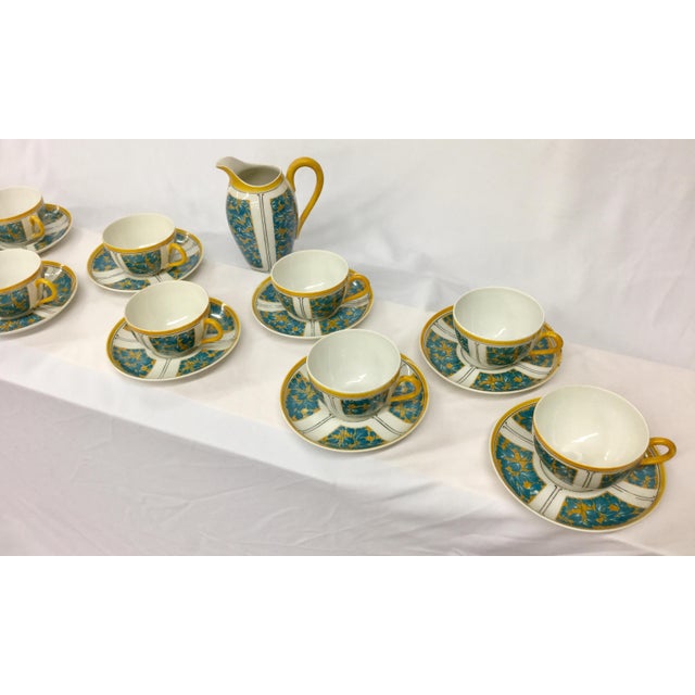 From the late 1800’s. This set of 10 cups and saucers plus a bonus milk pitcher is in near perfect condition. Only one cup...