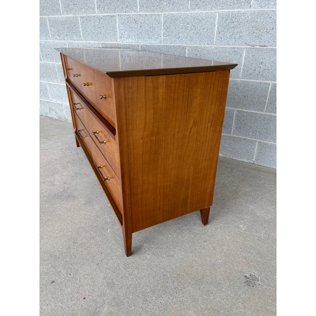 Brown The Basic Witz Company Cherry Mid Century Double 54" Dresser & Mirror For Sale - Image 8 of 11
