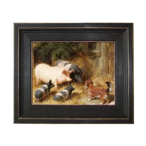 "Pigs Barnyard Gossip" Contemporary Reproduction Print on Canvas, Framed